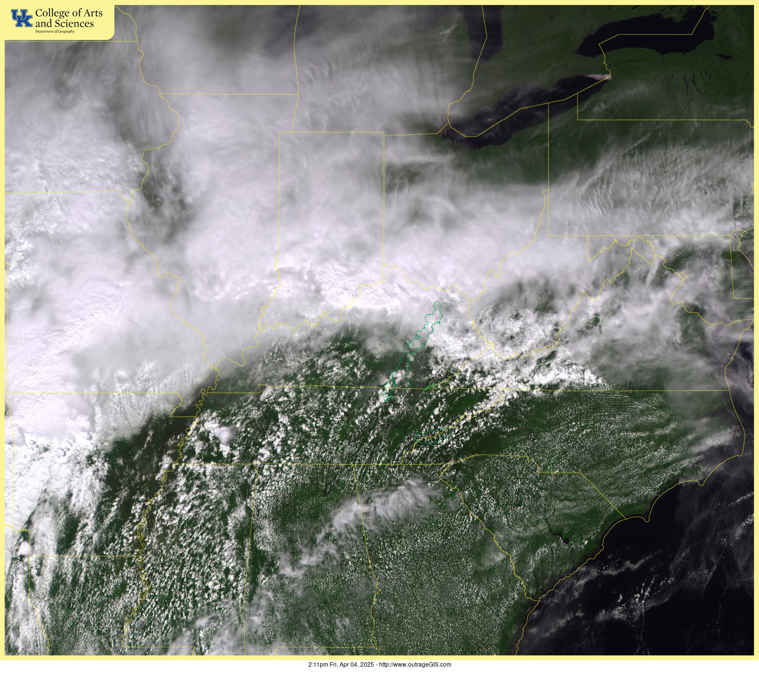 Current visible satellite for the Daniel Boone National Forest.