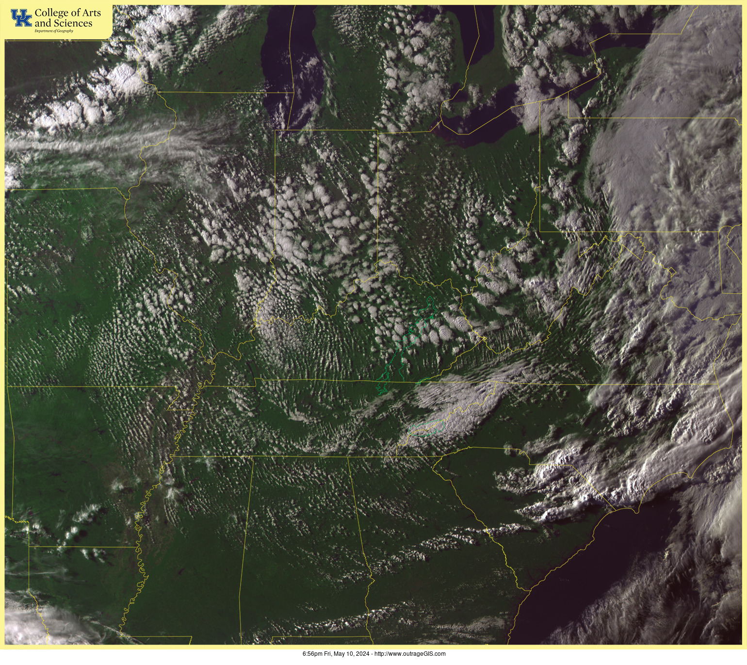 Current visible satellite for the Daniel Boone National Forest.