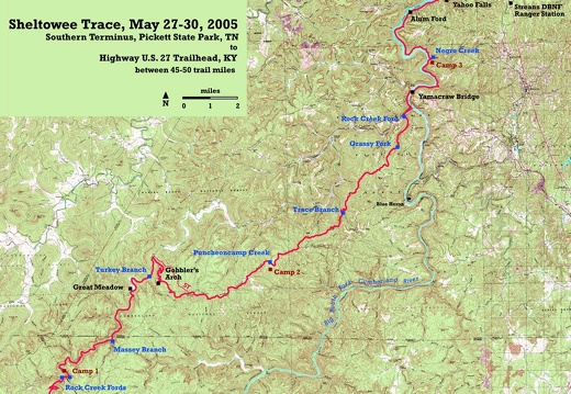 Map with 3 camps, 4 days and 45-50 miles