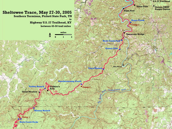 Map with 3 camps, 4 days and 45-50 miles