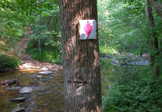 Historic, obsolete trail sign (replaced with plastic signs).