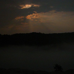 Moonrise over Big South Fork in fog. 