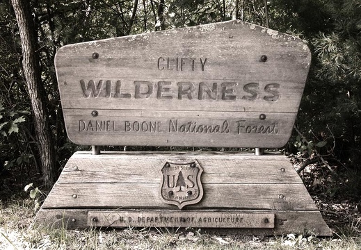 Carved wood sign: Clifty Wilderness Area