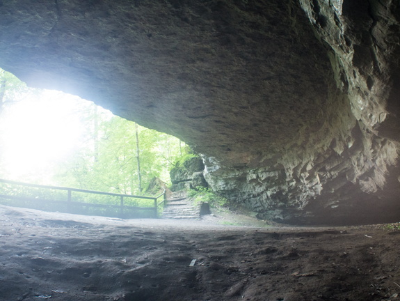 Cool cave air making fog