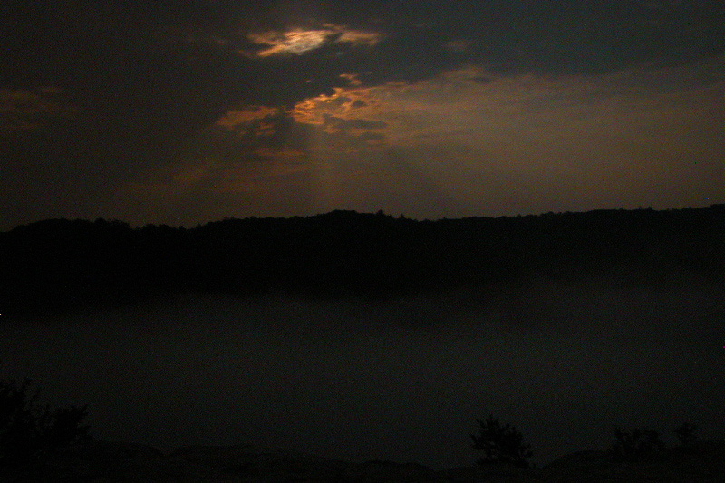 Moonrise over Big South Fork in fog. 