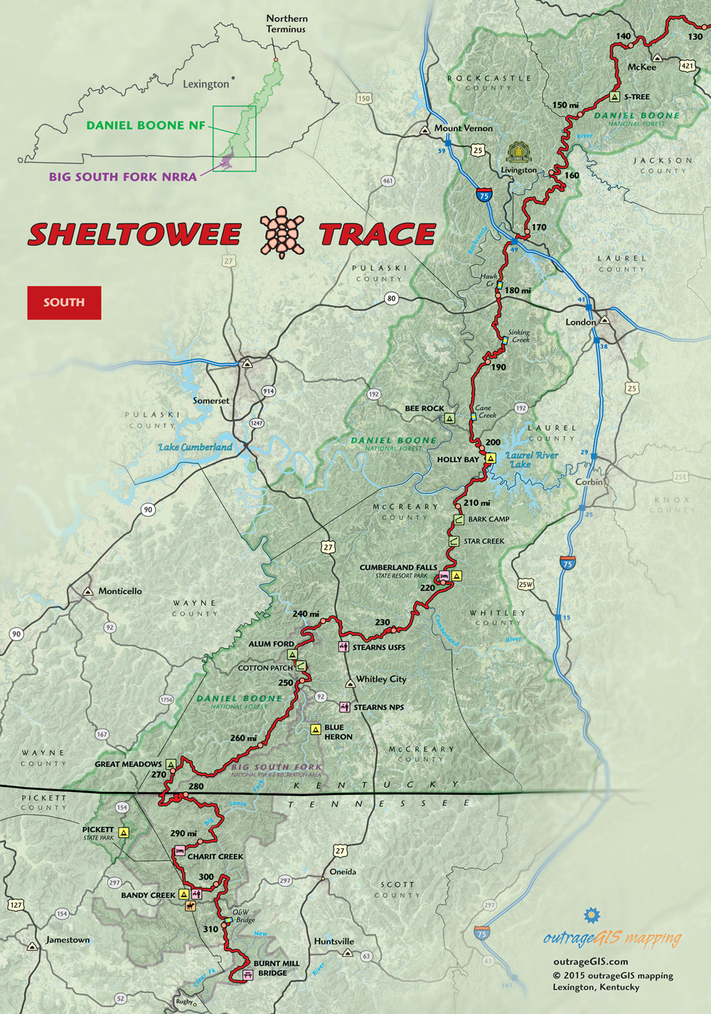 Sheltowee Trace South Trail Map (includes Big South Fork)