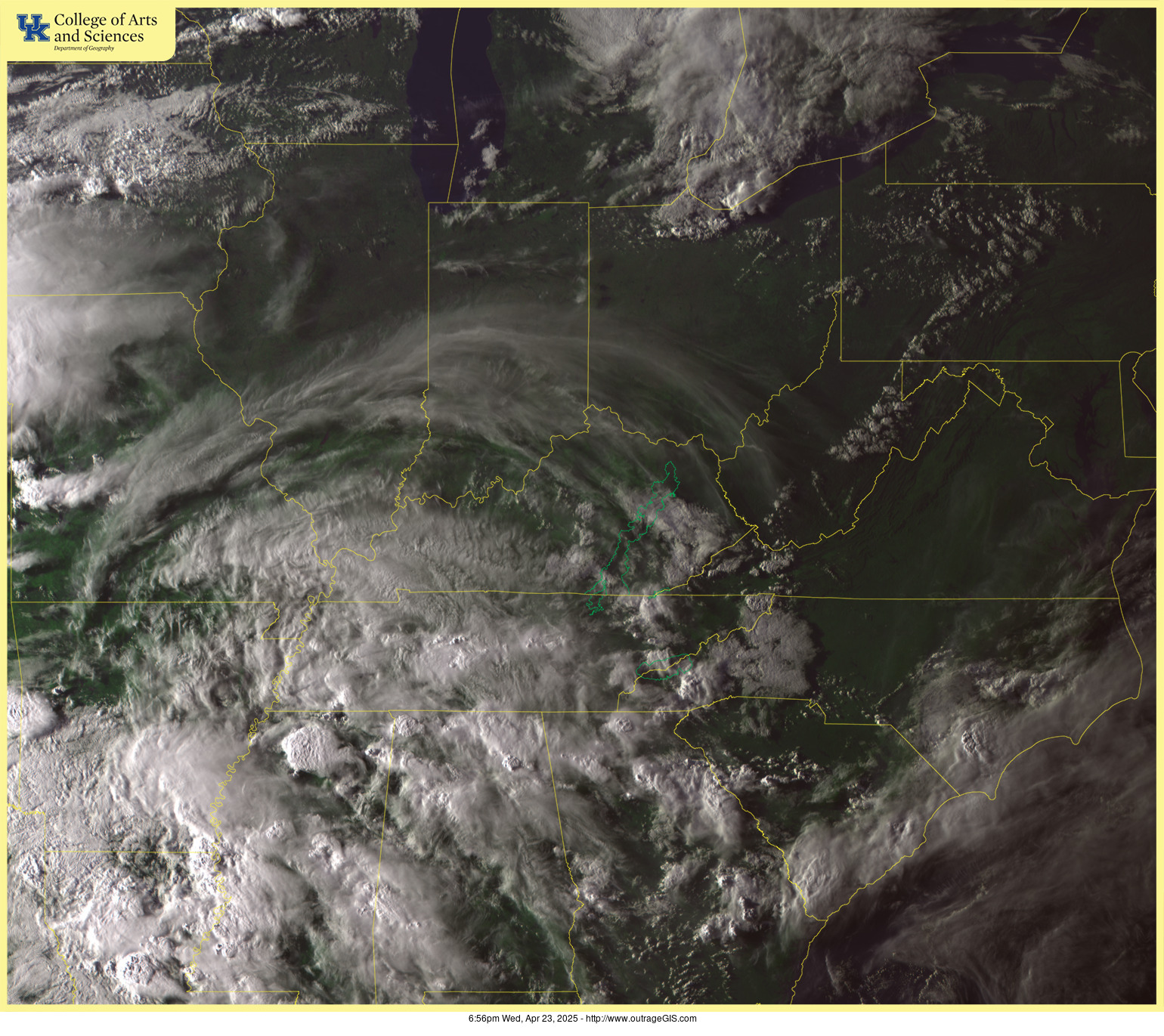 Current visible satellite for the Daniel Boone National Forest.