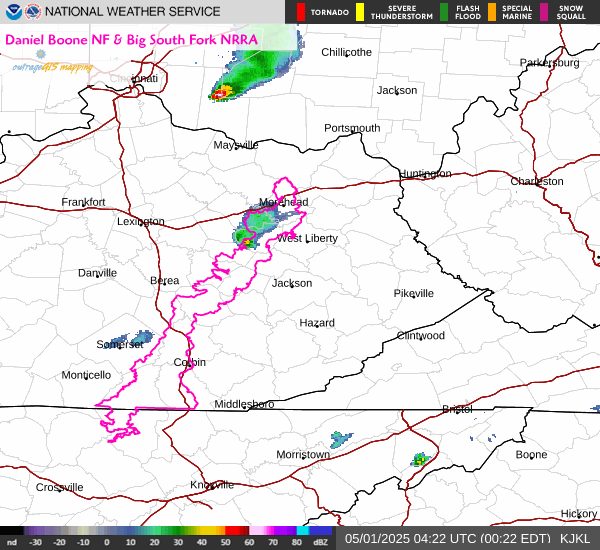 Current doppler radar for the Daniel Boone National Forest.